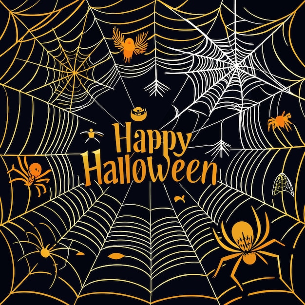 Vector Illustration of Dark Background Covered in Spider Webs and Spiders