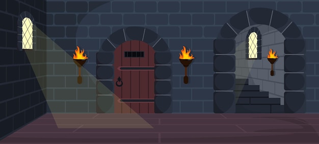 Vector vector illustration dark dungeon of a medieval castle with stone walls long stairs wooden doors and floor with bars on the windows in cartoon style