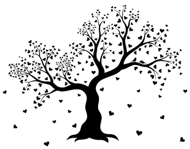 Vector illustration of decorative abstract tree with hearts and couple of birds