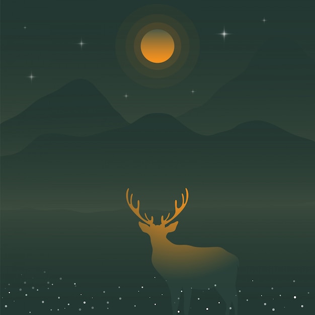 Vector illustration of deer and green mountains under the yellow full moon, deer silhouette