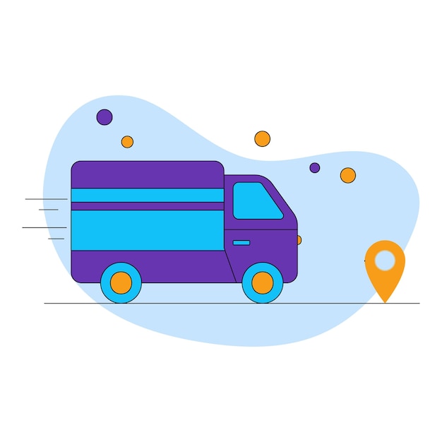 Vector Illustration Of Delivery Truck Tracking Location Pin On Blue And White Background