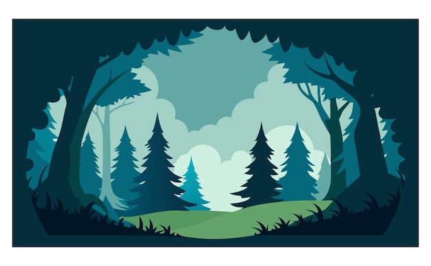 Vector vector illustration of a dense green forest with tall trees bushes and mountains in the background