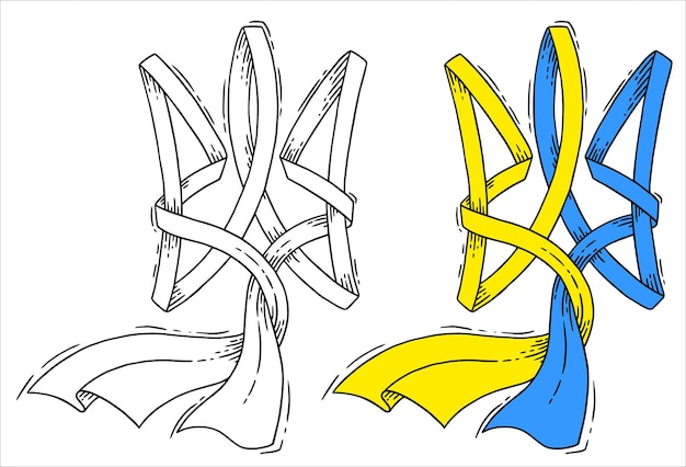 Vector illustration design decorative version of the state symbol of Ukraine trident Ribbon in blue and yellow flag