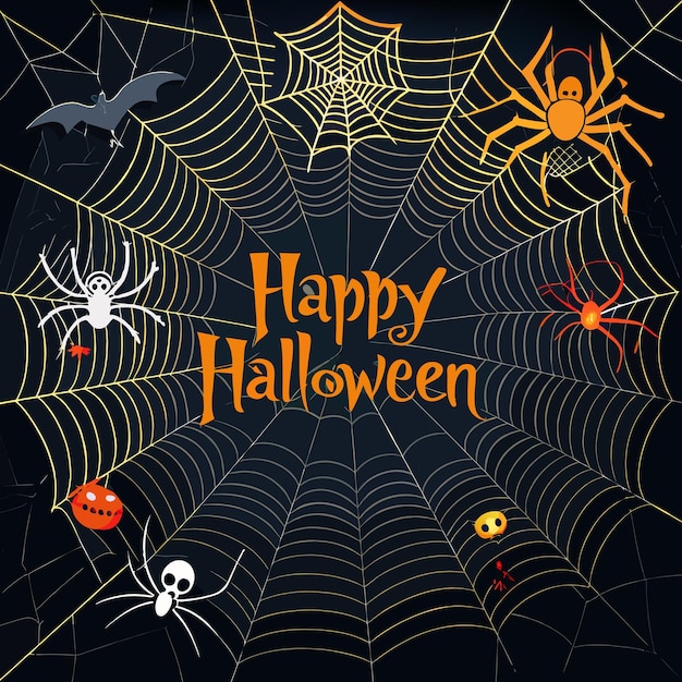 Vector Illustration of Detailed Spider Webs and Spiders on Dark Background