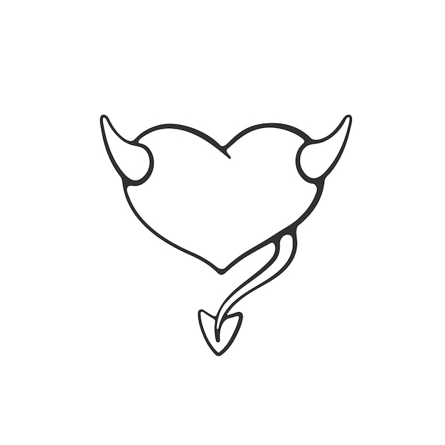 Vector illustration Devil heart with horns and tail Valentines Day symbol Hand drawn doodle