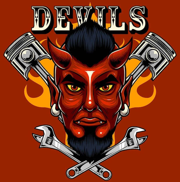 Vector illustration of devil wearing motorcycle helmet in vintage style