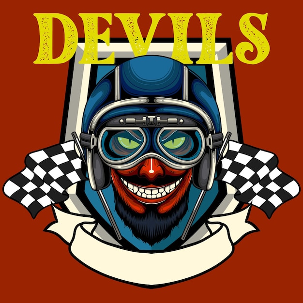 Vector illustration of devil wearing motorcycle helmet in vintage style