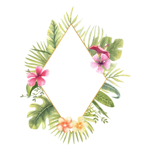 Vector illustration of a diamondshaped frame with tropical plants Monster banana leaves hibiscus etc Floral watercolor For the design of greeting cards invitations