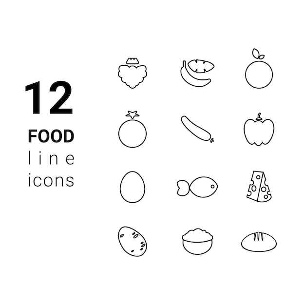 Vector illustration dietary nutrition food outline icon set strawberry banana orange tomato cucumber bell pepper egg fish hard cheese potato oatmeal bread Healthy eating concept