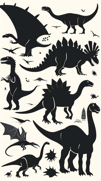 Vector illustration of dinosaur silhouette including Stegosaurus Brontosaurus Velociraptor Triceratops Tyrannosaurus rex and Spinosaurus ar 916 style raw Job ID d938ddc3b807480b8c66a11f6e45950f