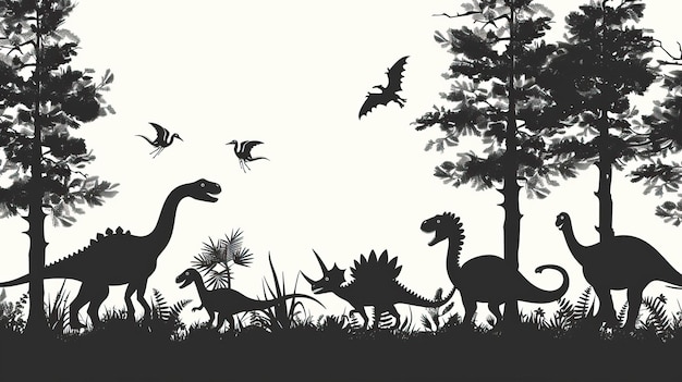 Vector illustration of dinosaur silhouette including Stegosaurus Brontosaurus Velociraptor