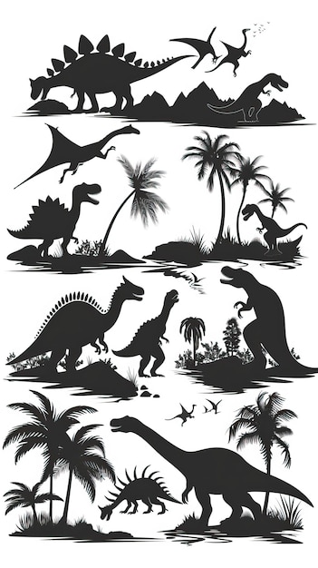 Vector illustration of dinosaur silhouette including Stegosaurus Brontosaurus Velociraptor