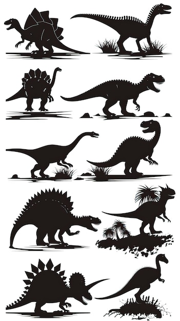 Vector illustration of dinosaur silhouette including Stegosaurus Brontosaurus Velociraptor