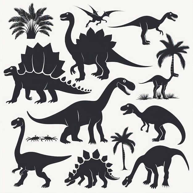 Vector illustration of dinosaur silhouette including Stegosaurus Brontosaurus Velociraptor