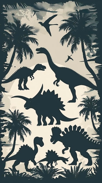 Vector illustration of dinosaur silhouette including Stegosaurus Brontosaurus Velociraptor