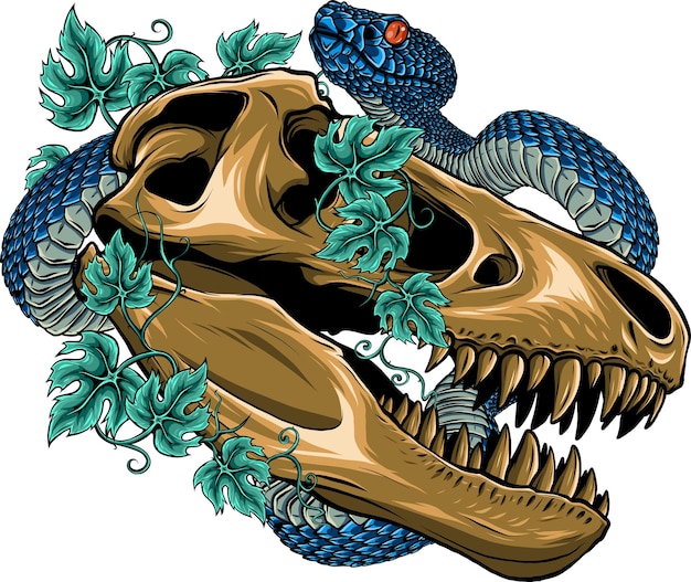 Vector illustration of dinosaur skull with snake and leaves