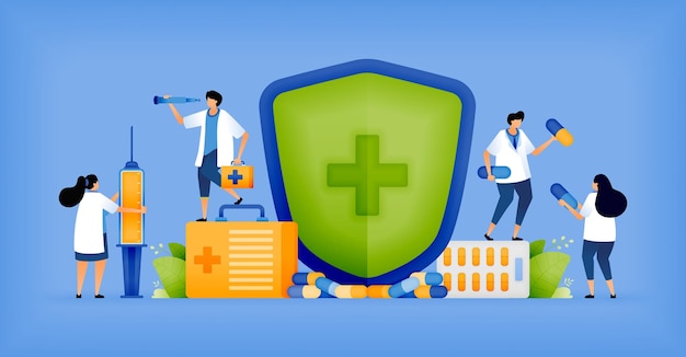 Vector illustration of doctor prescribing medicine with protective shield for safety Medical professional with protective shield and prescription Can use for ad poster campaign website apps