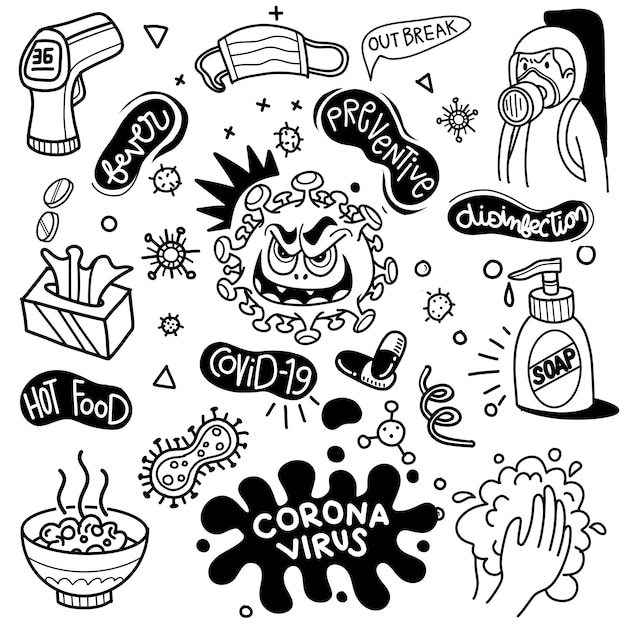 Vector illustration of Doodle cute for covid-19 , Corona Virus Doodle Element for Infographic Design