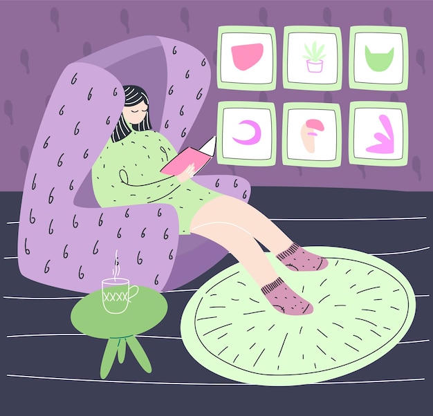 Vector illustration in doodle style with a girl resting and reading a book at home