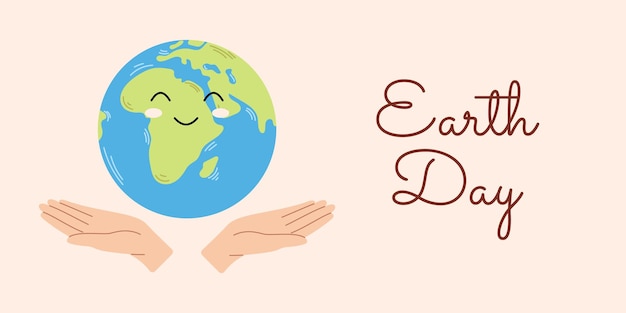 Vector illustration Earth day Hands holding the cute smiling Earth Ecology concept Happy Earth day April 22