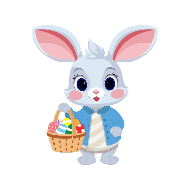 Vector illustration Easter bunny with an Easter basket full of decorated Easter eggs Isolated