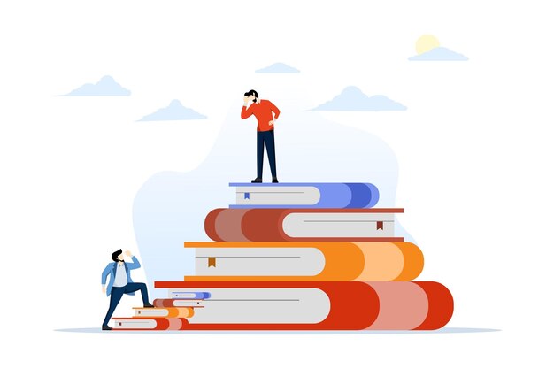 Vector vector illustration of education inequality concept with successful young man on pile of books