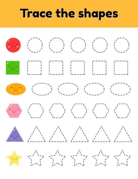 Vector illustration. Educational tracing worksheet for kids kindergarten, preschool and school age. Trace the cute geometric shape.  Dashed lines. 