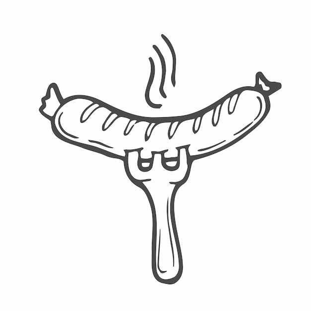 Vector illustration element with sausage on a fork in doodle style Hand drawn food Icon symbol