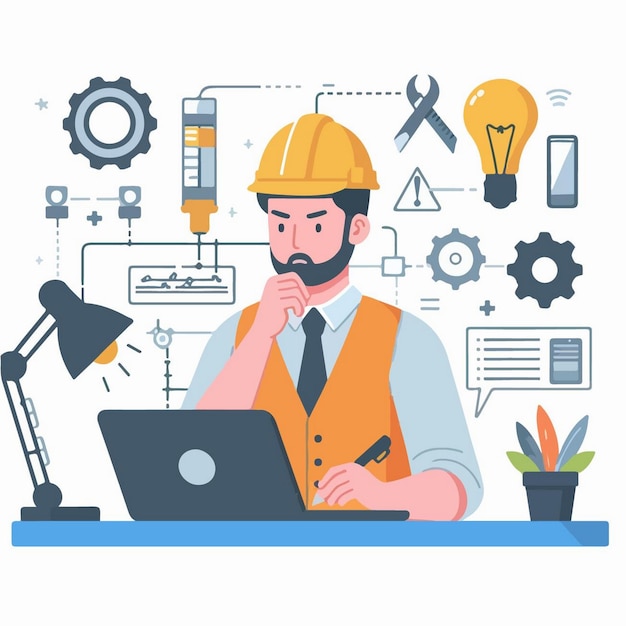 Vector vector illustration of engineering worker in simple and minimalist flat design style