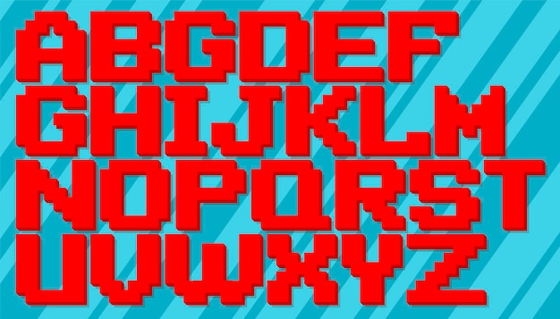 A vector illustration of English red and blue pixel alphabet set