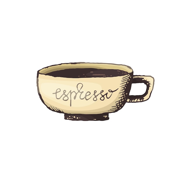 Vector vector illustration of espresso coffee mug in the style of freehand drawing in color. hot coffee mug icon for menu, logo or banner design