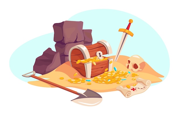 Vector illustration excavated treasures on a blue background Treasure island A pile of gold and jewels in chest with a shovel a treasure map a sword and a skull next to it in cartoon style