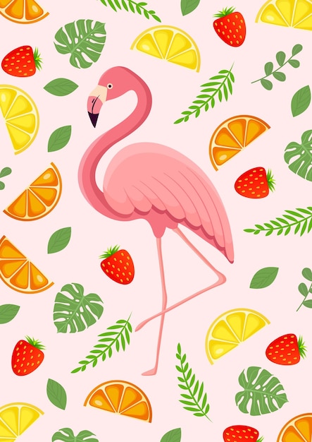 Vector illustration of exotic flamingo bird with berries and fruits for postcard poster