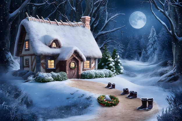 Vector illustration of fairy tale Christmas night scene with snowy wooden house