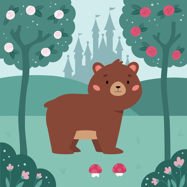 Vector illustration for fairy tale with cartoon bear in garden