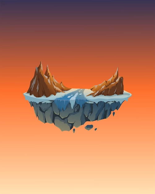 Vector illustration of fantasy snowy floating island with mountains and frozen river