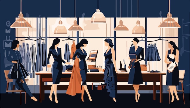 Vector vector illustration of fashion store interior with female fashion designers working in clothes shop