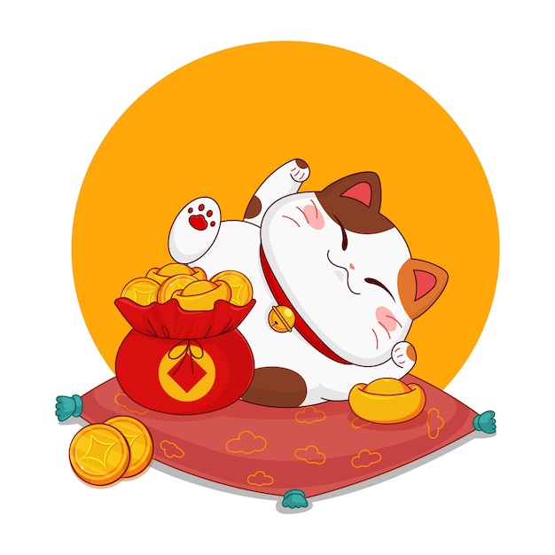 Vector illustration of a fat cat, maneki neko, symbol of luck, wealth and well-being.