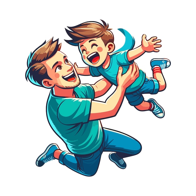 a vector illustration of a father playfully flying his son in the air father son