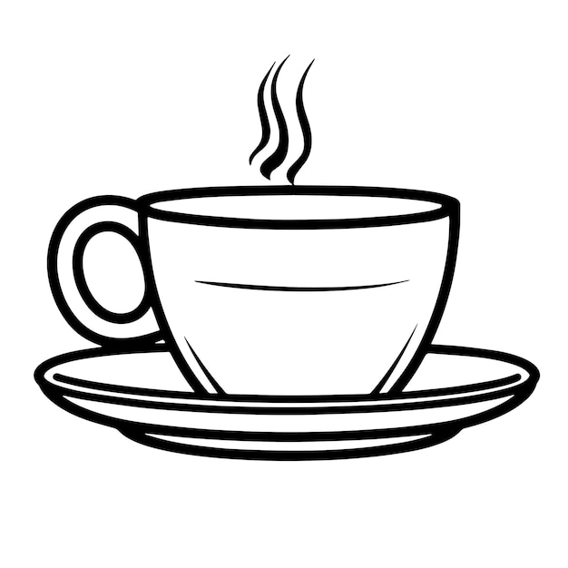 Vector illustration featuring an outline icon of a steaming cup of coffee