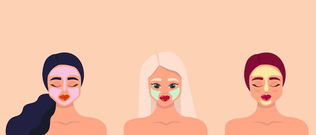 Vector illustration of female characters applying facial clay masks