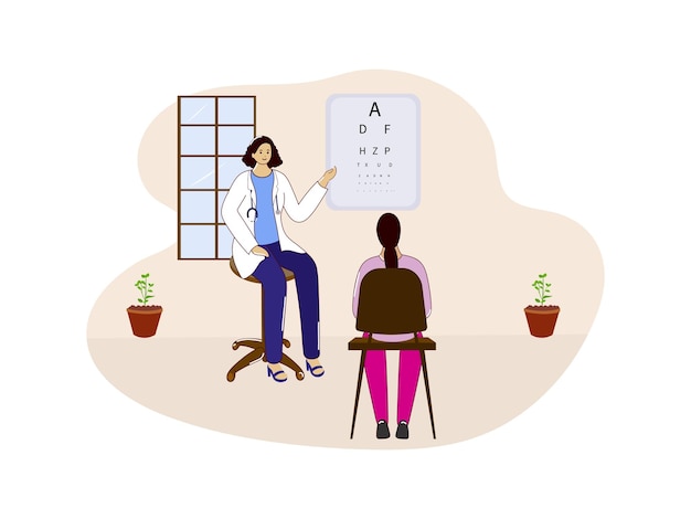 Vector Illustration Of Female Doctor Examining Eye Test Of Patient On Beige And White Background