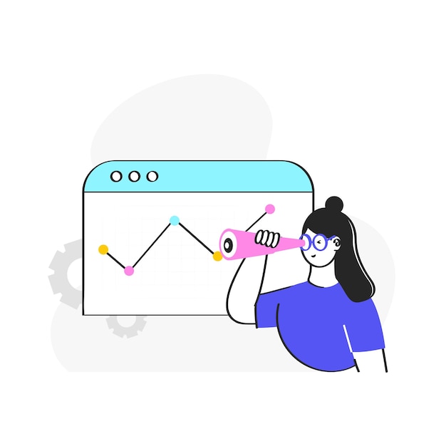 Vector Illustration Of Female Employee Looking From Spyglass And Web Statistics On White Background