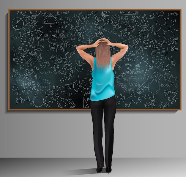 Vector illustration of a female student on the background of a school board with formulas