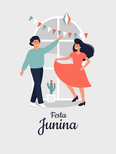 Vector illustration for Festa Junina with happy dansing woman and man at home.