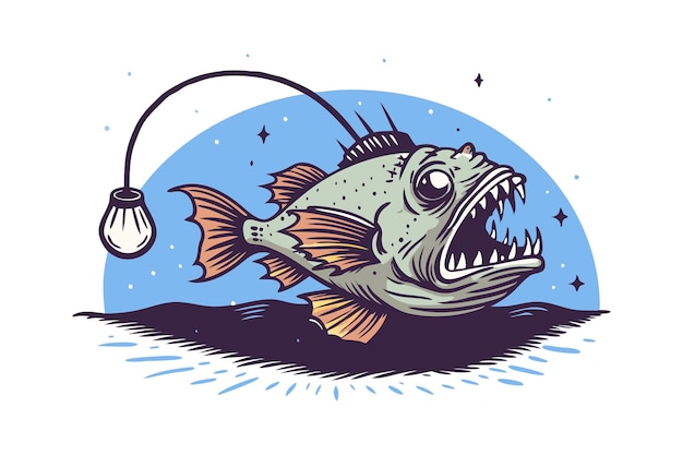 Vector vector illustration of a fiercelooking fish with a hook