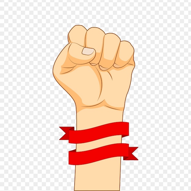 Vector illustration of fist hand with red ribbon flag on transparent background