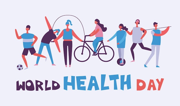 Vector illustration in flat design of group people doing different kinds of sport World health day