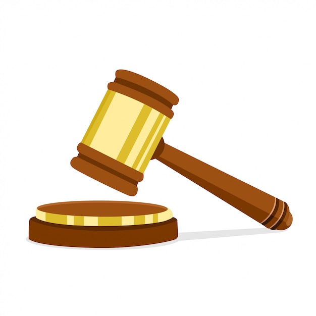 Vector vector illustration in flat design wooden judge hammer of the chairman for adjudication of sentences and bills. legal law and auction symbol.