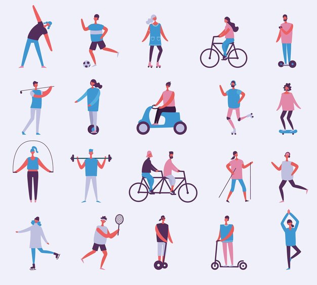 Vector illustration in flat simple design of group people doing different kinds of sport